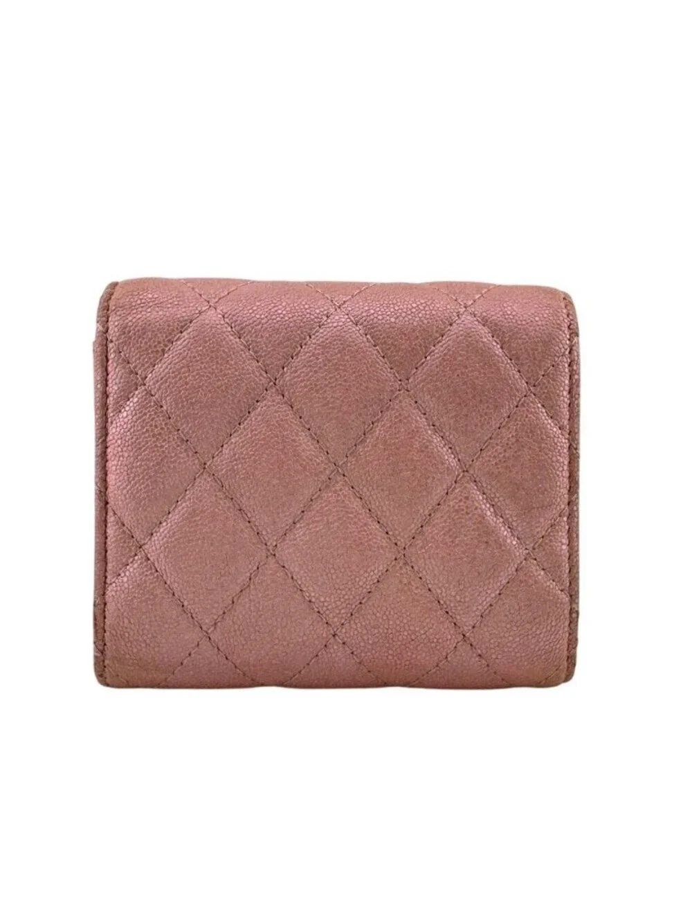 Chanel Quilted Caviar Leather Trifold Wallet Compact Pink Gold